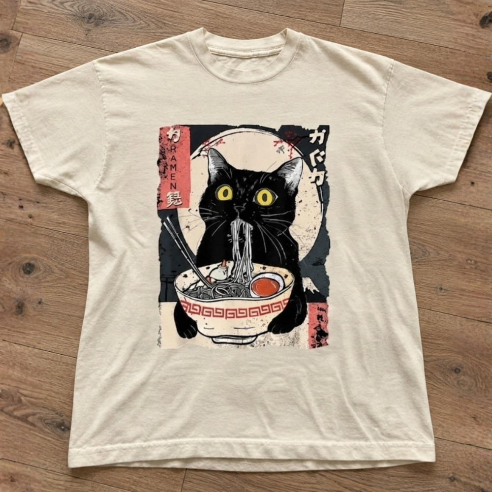 Black Cat Eating Ramen Japanese Ukiyo-e Art Vintage Sand T-Shirt